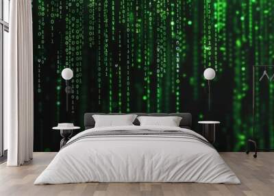 Crisp green binary code falling down on a black background Generative AI Wall mural