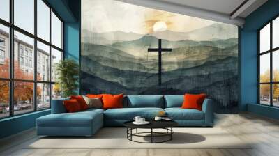 cross with sunrise mountain background Generative AI Wall mural