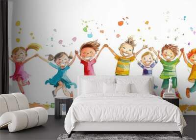 Cute cartoon children's drawing of many happy kids holding hands and jumping, white background, colorful , simple hand drawn style Generative AI Wall mural