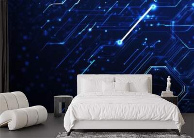 Dark blue background with a white outline of futuristic technology and digital network elements, such as circuit boards, hexagons, or moving arrows Generative AI Wall mural