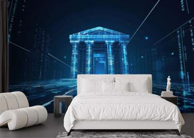 digital bank logo with white and blue colors, futuristic design, featuring the emblem of a building surrounded by digital lines on a dark background, symbolizing technology in financial Generative AI Wall mural