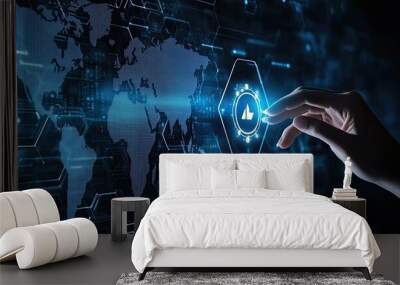 Digital technology background with a hand touching a web icon and hexagon shapes on a dark blue digital world map, representing a business, cyber security, or global network concept Generative AI Wall mural