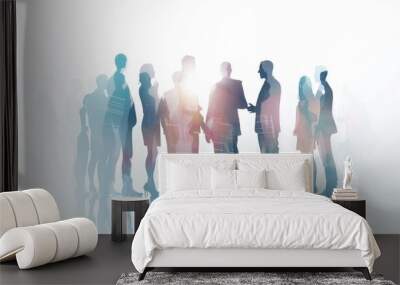 Double exposure of a group of business people in silhouette and digital data, their full bodies standing together talking with each other and shaking hands on a white background Generative AI Wall mural