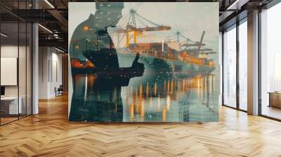 Double exposure of business people shaking hands and port with cargo ship in the background, thumbs up concept for success working together at the office, double exposure photography Generative AI Wall mural