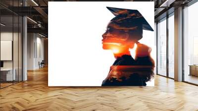 Double exposure of silhouette student with graduation hat and sunset Generative AI Wall mural