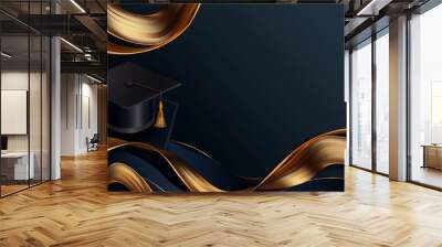 Elegant background with gold wavy line, graduation cap Generative AI Wall mural