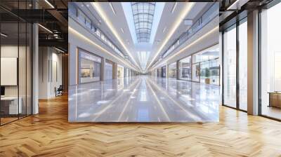 empty shopping mall with sleek and modern architecture, featuring high ceilings adorned with LED lighting that adds to the luxurious ambiance of an upscale retail complex Generative AI Wall mural