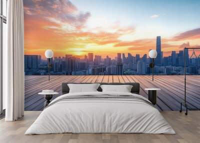 Empty wooden floor with a city skyline and sunset sky background Panoramic view of an urban landscape, landscape photography Generative AI Wall mural