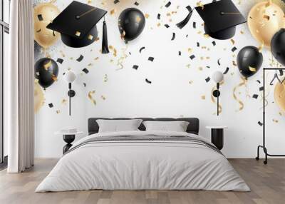 Falling black and gold graduation caps background with confetti and balloons on white background Generative AI Wall mural