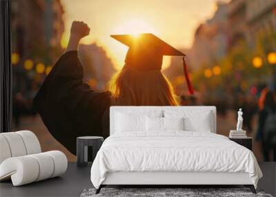 Female college graduate celebrating with fist raised at sunset, close up on her cap and gown, symbolizing achievement in education Generative AI Wall mural