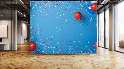 festive scene of red, white and blue balloons floating in the air with confetti scattered around them Generative AI Wall mural