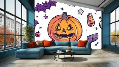 flat cartoon Halloween elements collection with halloween symbols, pumpkin, bat and ghost in purple color isolated on white background Generative AI Wall mural