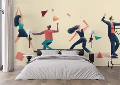 Flat illustration of diverse people engaged in various activities, such as climbing and throwing geometric shapes around Generative AI Wall mural