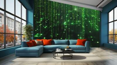 green binary code falling down on a black background Generative AI Wall mural