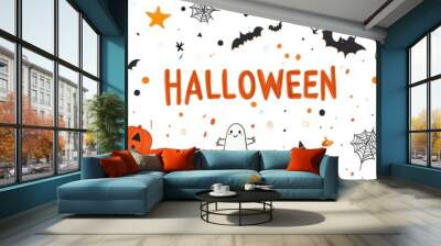 Halloween flat vector elements set with pumpkins, ghosts and magic symbols on white background with text 