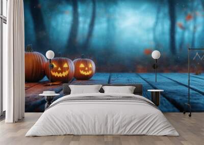 Halloween pumpkins on a wooden table with a blurred background of a spooky forest at night Halloween concept banner design Generative AI Wall mural