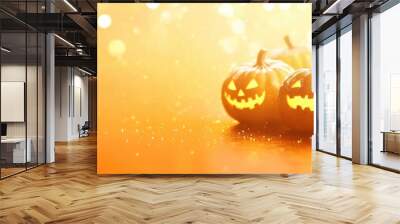 Halloween pumpkins with glowing faces on an orange background with blurred lights and copy space for design, a banner template Generative AI Wall mural