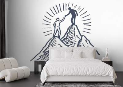 Hand drawn logo of two people helping each other reach the top, with sun rays behind them shining on the mountain peak A concept for teamwork and unity in business success Generative AI Wall mural