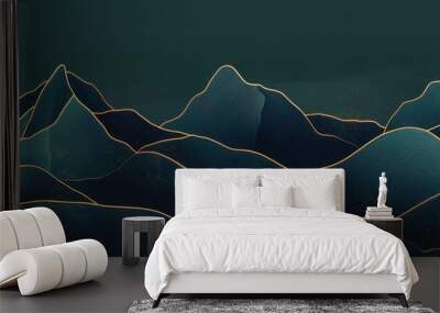 Hand-drawn mountains, lines, and shapes in dark blue with golden details on the edges Generative AI Wall mural