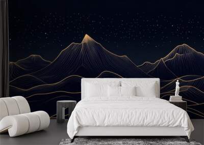 Hand-drawn vector line art of mountains, with gold lines on a dark blue background, in a simple and elegant style Generative AI Wall mural