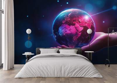 Hand holding a hologram of the Earth against a dark blue and purple background, representing the world map concept for global business technology or environmental protection ideas Generative AI Wall mural