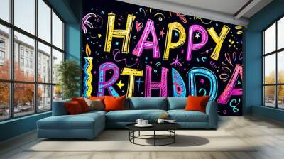 happy birthday doodle on blackboard illustration Generative AI Wall mural