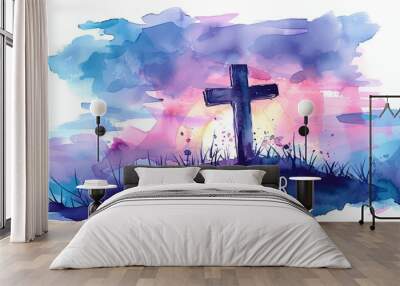 HAPPY EASTER watercolor artwork of cross with sunrise Generative AI Wall mural