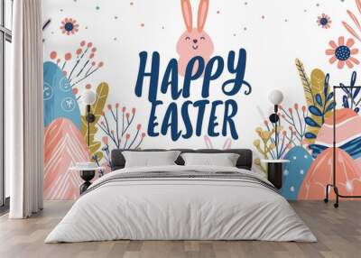 Happy Easter with colorful egg border and rabbits Generative AI Wall mural