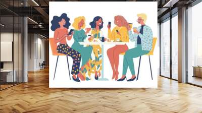 happy people having coffee together with simple shapes and lines in pastel colors on a white background isolated color backdrop, cute character designs, diverse characters Generative AI Wall mural