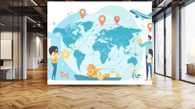 illustration of two people holding coins, a global map, and a cargo ship with pins around the globe for a digital cross-border logistics company Generative AI Wall mural