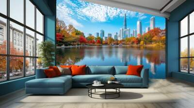 In autumn, the sky is blue and clear with white clouds floating in it  In front of you can see an oversized lake on one side of which stands high-rise buildings Generative AI Wall mural