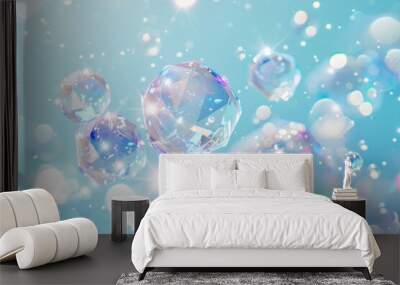 iridescent bubbles floating in a light blue background, diamonds floating in the air, soft pastel colors used, sparklecore style with things looking shiny and glittery Generative AI Wall mural