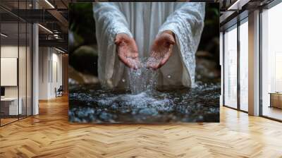 Jesus, hands in water, pouring out the stream of pure living waters to show that he is the source and life for all people Generative AI Wall mural