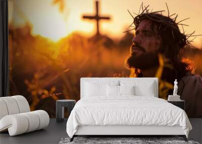 Jesus the christ with crosses in a field and sunset light Generative AI Wall mural