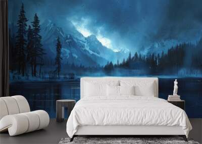 lake in dark night with blue sky Generative AI Wall mural