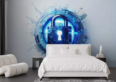 lock symbol in digital security circle, blue color on white background, tech style, futuristic Generative AI Wall mural