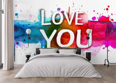 love you is in white on a rainbow on a white background Generative AI Wall mural