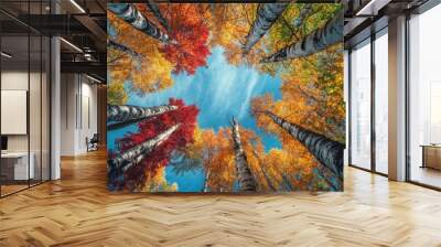 Low-angle photograph of trees with colorful autumn leaves in the forest, looking up from ground level, sky view Generative AI Wall mural