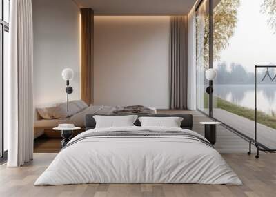 Minimalist bedroom with large windows, wooden floor, and white walls Close-up of a bed on the left side Modern-style interior design with a large panoramic window overlooking nature Generative AI Wall mural