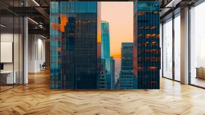 Modern glass skyscrapers in downtown San Francisco, close up, golden hour, green and blue tones, architectural photography Generative AI Wall mural