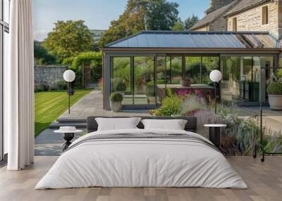 Modern light grey glass roof terrace in an English country garden with beautiful ornamental grasses, perennials and colorful flowers Generative AI Wall mural