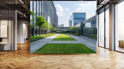 Modern office buildings with green lawns, low-rise architecture Generative AI Wall mural