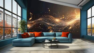 musical notes in the air, musical note with waves of light and sound, on black background Generative AI Wall mural