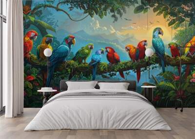 paintings of colorful birds in the jungle Generative AI Wall mural