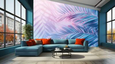 Palm leaves, summer background with gradient color, pastel blue and pink colors, tropical leaf pattern Generative AI Wall mural