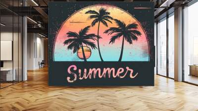 palm trees and sunset, retro featuring an arch shape filled with a gradient from light pink to dark blue, with 