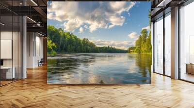 panoramic photo of a beautiful river in a forest, green trees on both sides, sunlight shining through the clouds and trees, the river is calm with no waves or ripples Generative AI Wall mural