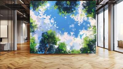 panoramic view of a lush green forest canopy with tall trees and a blue sky, looking up from the ground Generative AI Wall mural