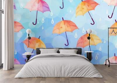 pattern of colorful umbrellas floating in the sky, with raindrops falling around them suitable for a summer or spring theme Generative AI Wall mural