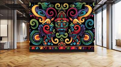 pattern with a digital illustration of Aztec-inspired patterns, their vibrant colors and intricate designs creating an exotic atmosphere on a black background Generative AI Wall mural